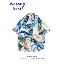 WASSUP冰丝衬衫男潮牌短袖夏威夷情侣上衣五分裤套装沙滩衬衣外套