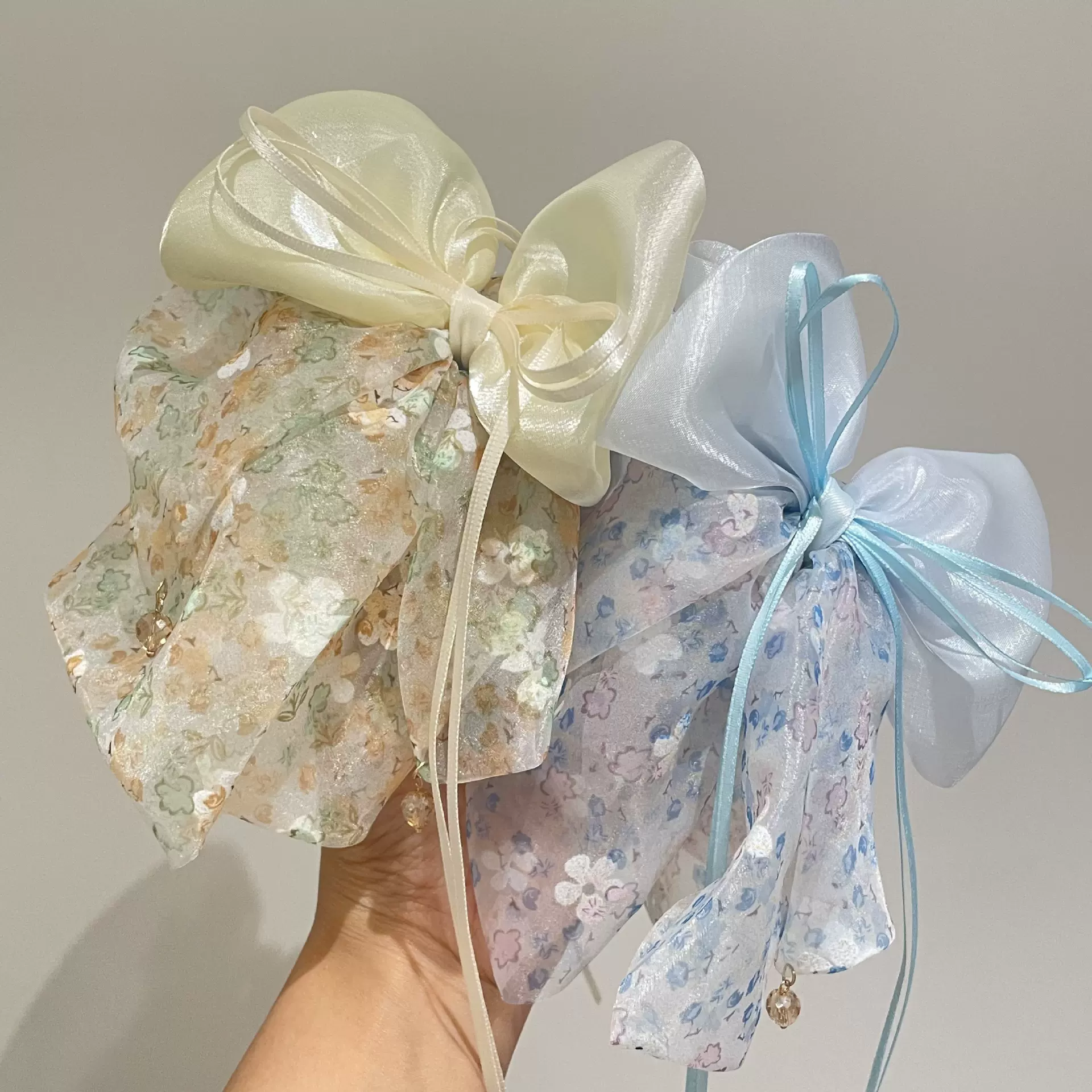 法式波点复古撞色飘带蝴蝶结马尾夹优雅珍珠吊坠后脑勺鲨鱼夹发夹