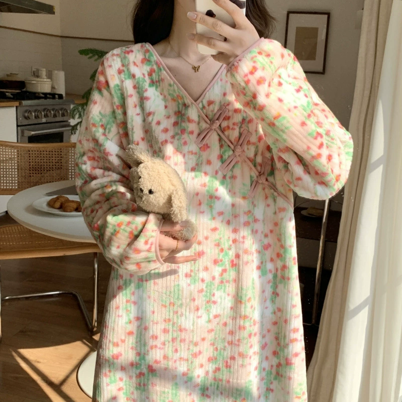 Коралловая бархатная ночная юбка женский зимний 2024 новый китайский стиль сладкий толстый фланелевый пижама женская домашняя одежда