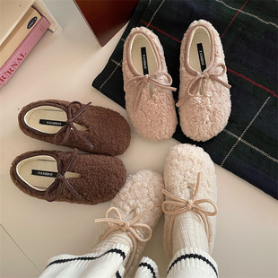 Vintage Warm Flat Shoes Women's 2024 New Winter Internet Popular All-match fleece-lined Soft-soled Mary Jane Cotton Shoes