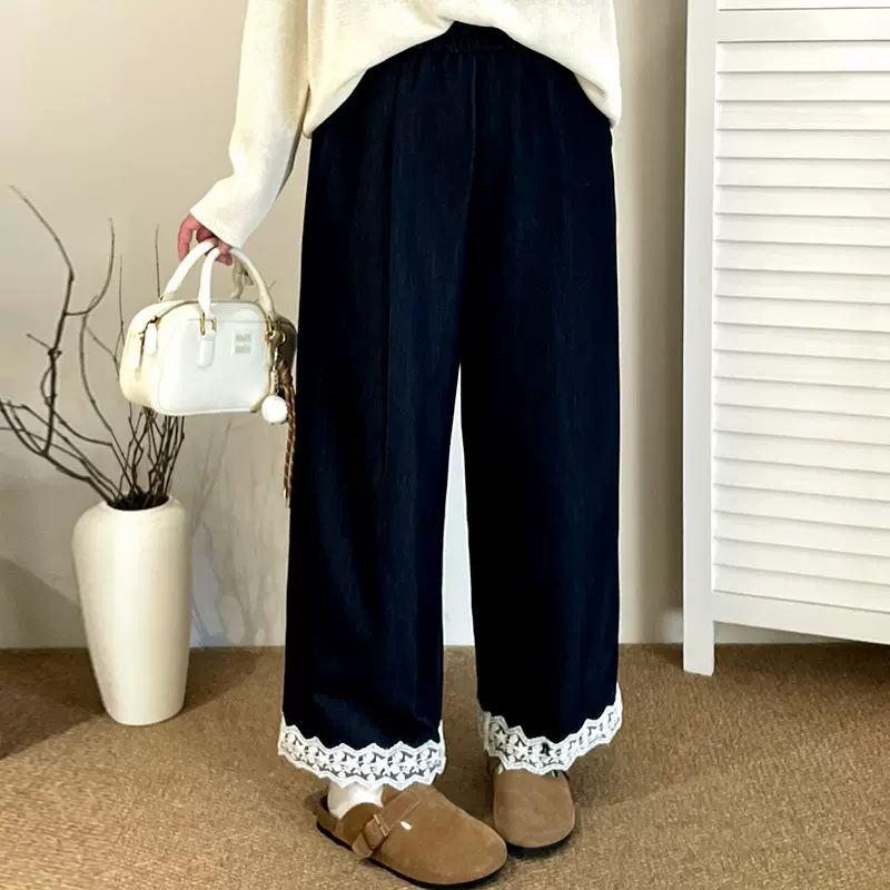 大码女装拼接花边阔腿裤女休闲裤2025秋胖mm宽松九分阔腿裤NK1283
