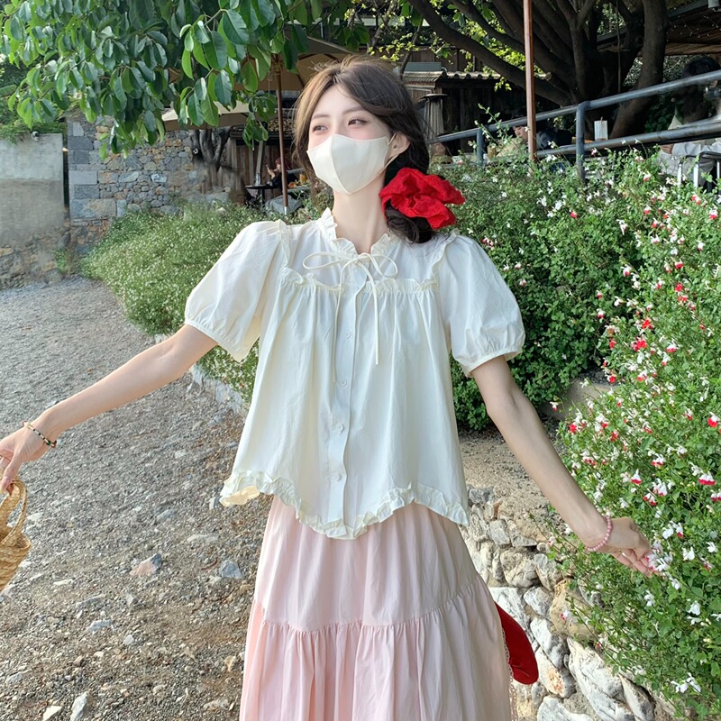 ブルーパフスリーブコットンとリネンの女性用トップス2025年夏新作フレンチ小貴族ベビードールシャツとスカートシャツ|undefined