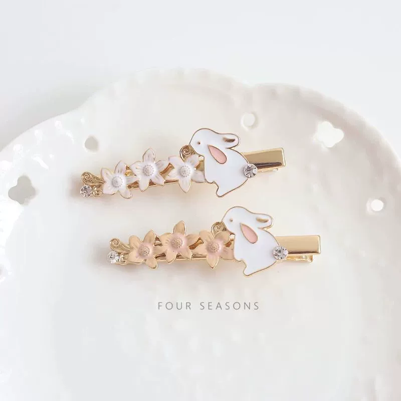 Милая девчачья заколка для волос с розовым цветком и кроликом, ювелирные изделия, мягкая и милая студенческая боковая заколка для волос, заколка для челки, аксессуары для волос
