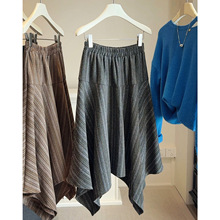 高级感不规则竖条纹毛呢半身裙女秋冬25复古高腰显瘦a字大摆伞裙