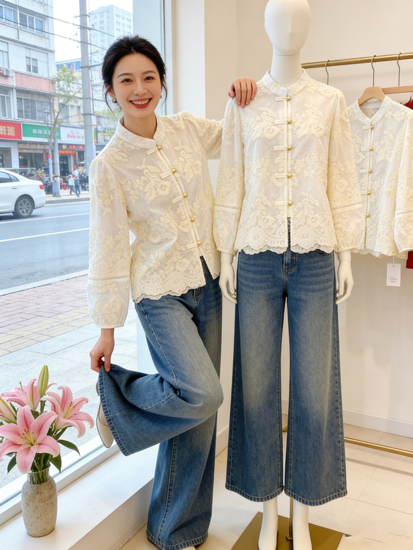 Áo sơ mi nữ dài tay phong cách Trung Hoa ren đĩa khuy tay dài — Milky với Liner chi tiết 4