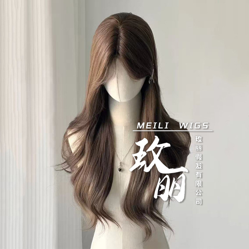 European and American Hot-Selling Light Brown Eight-Shaped Bangs Long Curly Hair Simulated Scalp Natural Atmosphere High-End Full Head Wig