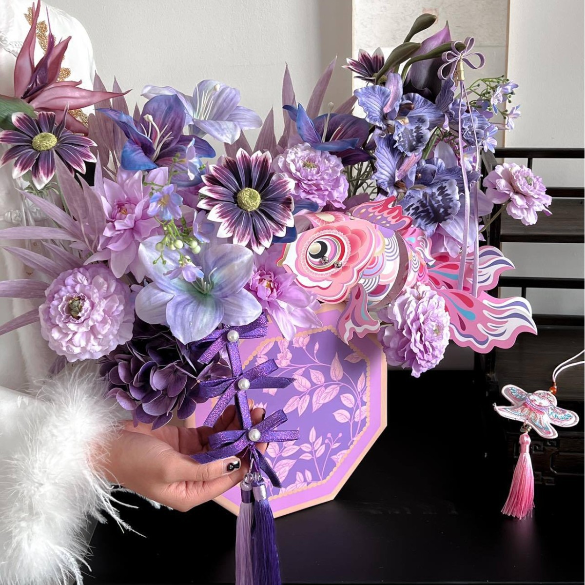 중국 스타일의 새해 꽃 노란색 재료 패키지 인공 꽃 보라색