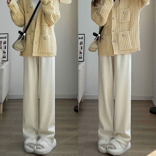 New padded and thick knitted wide-leg pants for women, autumn and winter corduroy casual pants, loose and drooping straight-leg pants