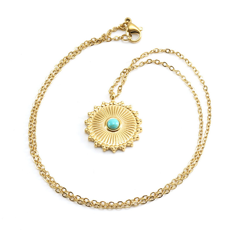 304 Stainless Steel Material Round Pattern Women'S Gender Wholesale Jewelry Retro Round 304 Stainless Steel Turquoise 18K Gold Plated Inlay Stainless Steel Necklaces