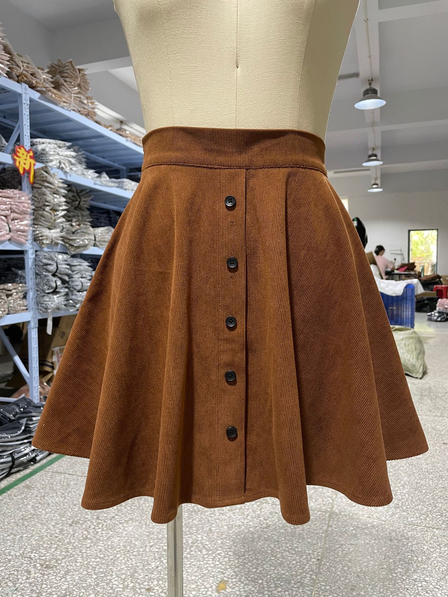 Corduroy Single Row Button High Waist Umbrella Skirt in Skirts