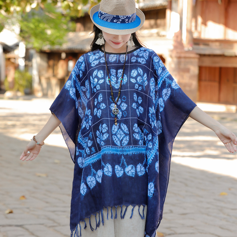 Yunnan primavera y otoño nuevo estilo étnico algodón y lino sensación bufanda geométrica diamante capa exterior viajes protector solar chal para las mujeres