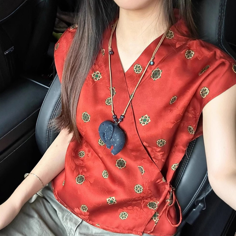 Red Jacquard Shirt 2025 Summer Tea Style Chic Unique Beautiful Chinese Style Lace-Up Waist Hanfu Top