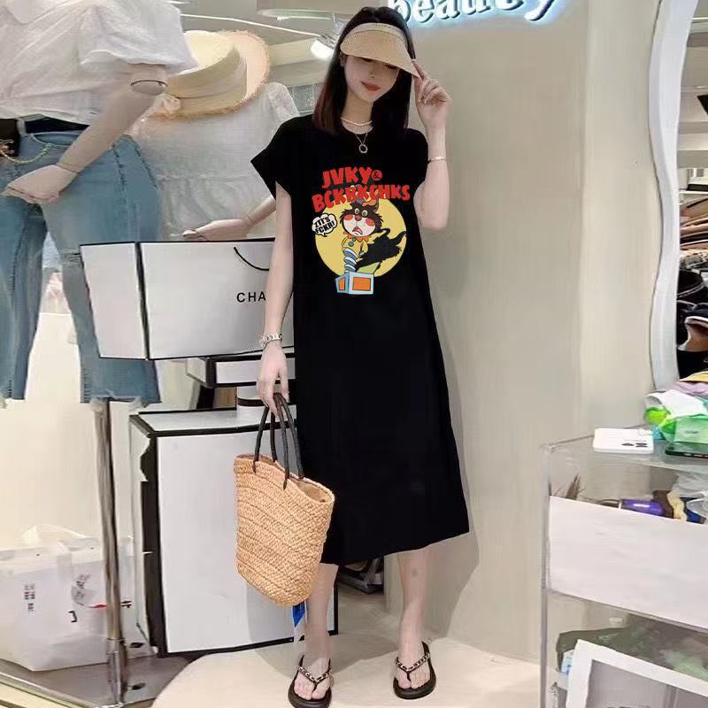 Plus Size Women's Short-Sleeved T-Shirt Dress Summer Loose and Slim Pregnant Women Lazy Home Wear Knee-Length Skirt