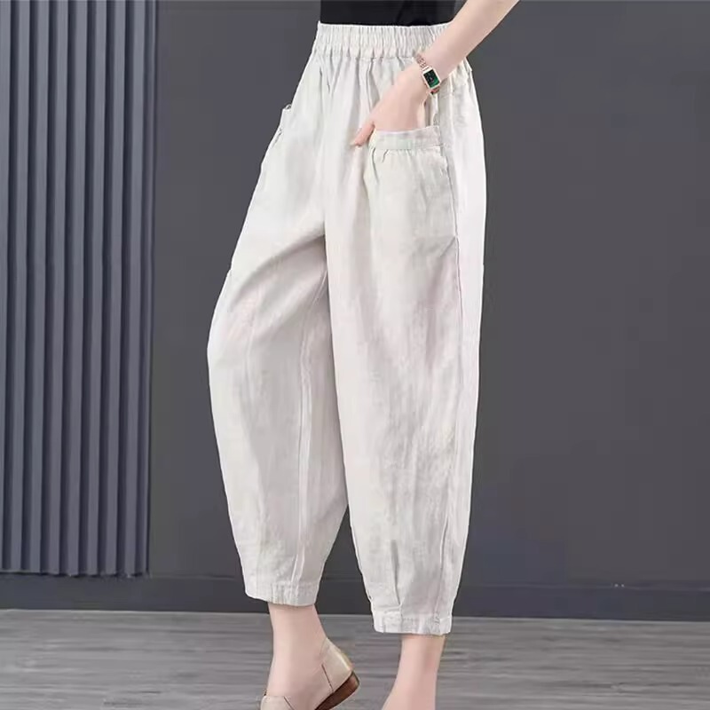Ice Silk Ankle-length Pants Women's 2023 New Style High Waist Bloomers Design Sense Summer Loose Cotton Linen Hallen Pants