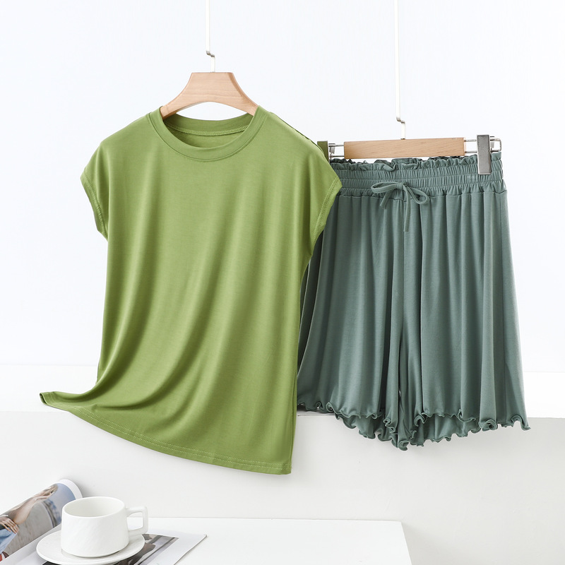 Modal Short-Sleeved T-Shirt Women's Summer Inner Round Neck Slimming Look Bottoming Shirt Large Size Outer Wear Home Pajamas Shorts Suit