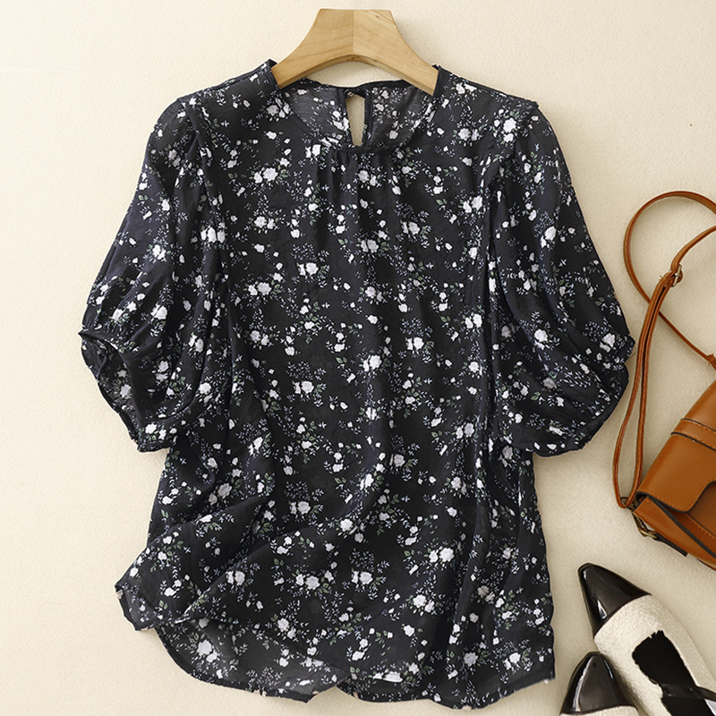 Japanese and Korean Spot Real Shot Retro Printed Small Floral Round Neck Short-sleeved Shirt Women's Summer Loose Puff-sleeved Shirt