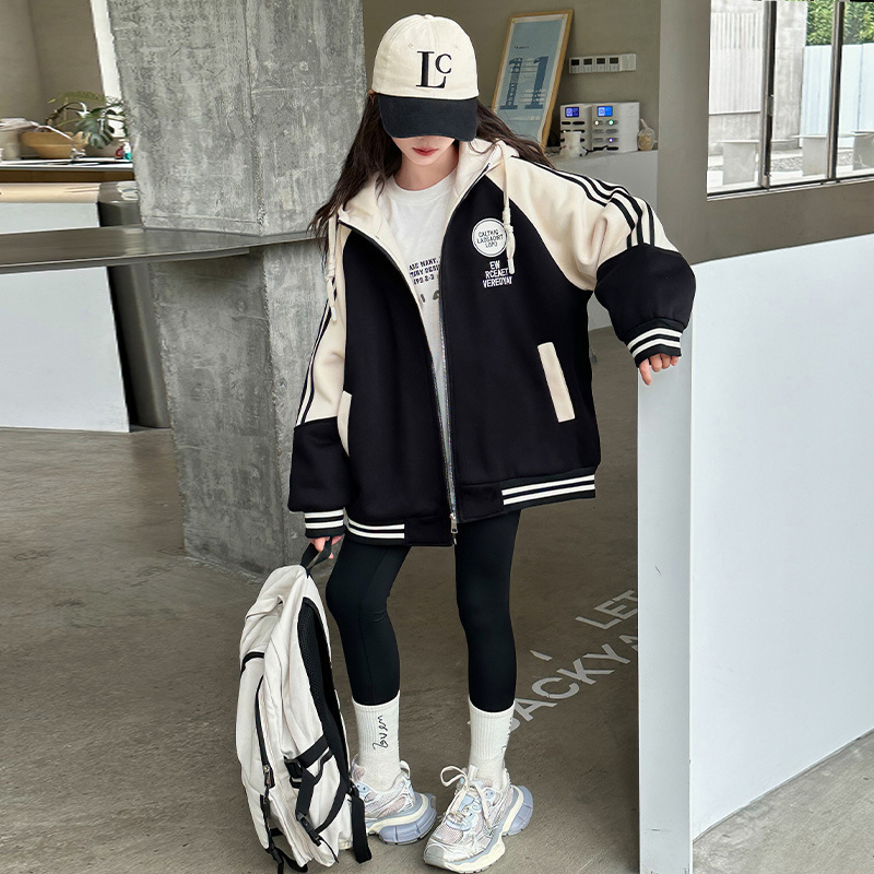 女童春秋冬卫衣外套儿童休闲棒球服新款中大童洋气连帽上衣潮|undefined