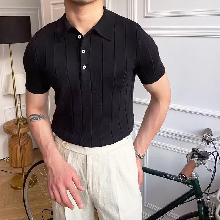 Verano nuevo suéter de punto de seda de hielo de manga corta camisa POLO para hombres Camiseta de negocios delgada simple comercio exterior al por mayor transfronterizo