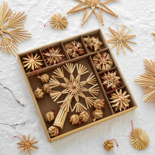 Cross-Border Christmas Natural Environmentally Friendly Wheat Straw Tree Top Star Five-Pointed Star Snowflake Christmas Tree Small Pendant Christmas Decorations