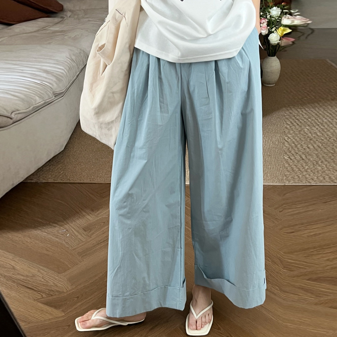 Summer Thin Pure Cotton Pregnant Women's Drawstring Wide Leg Pants Pregnant Women's High Waist Slimming Loose Straight Casual Pants Drawstring