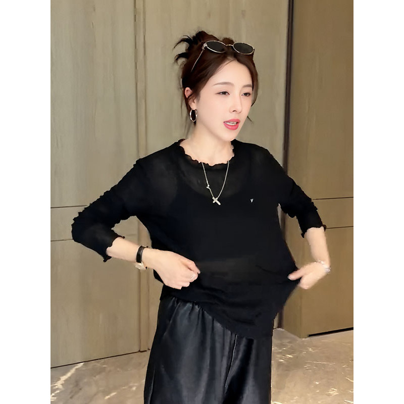 大码女装圆领木耳边灰色长袖t恤秋季新款胖mm显瘦内搭打底衫上衣|undefined