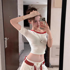 【クールシルクコットン40枚】ホットガールオフショルダーストライプ半袖Tシャツ、スリムフィット夏新作ユニークショートスタイル