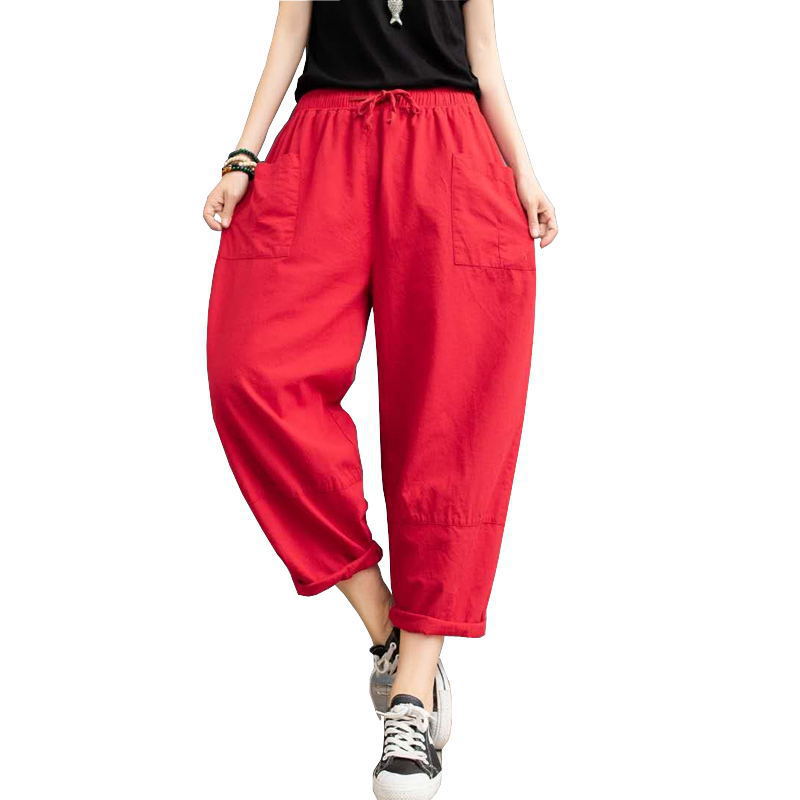 Nuevos pantalones de rábano de algodón y lino para mujer, pantalones finos de ramio de verano, pantalones sueltos de gran tamaño para mujer, pantalones harem casuales de ocho puntos image 7