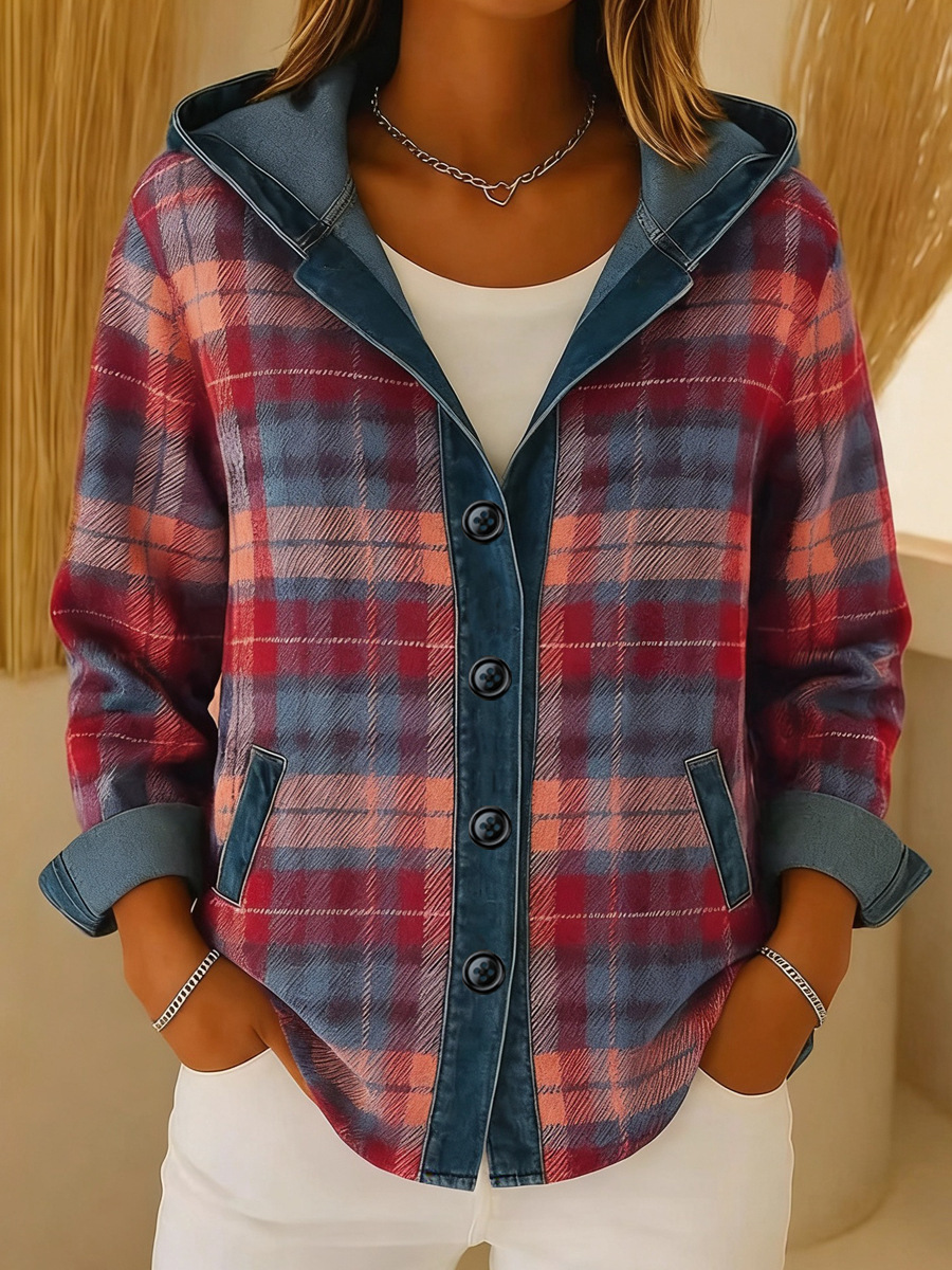 European And American Independent Station Women's Shirt Hoodie Autumn Winter New Fashion Plaid Color-Block Jacket_ecoleips.com