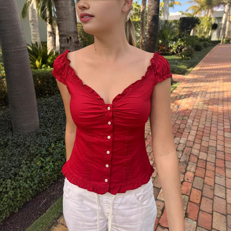 BM Style New 2025 American Ballet Style Sleeveless Ruffled Short-sleeved T-shirt Women's BM Lace Slim-fit Cardigan Top