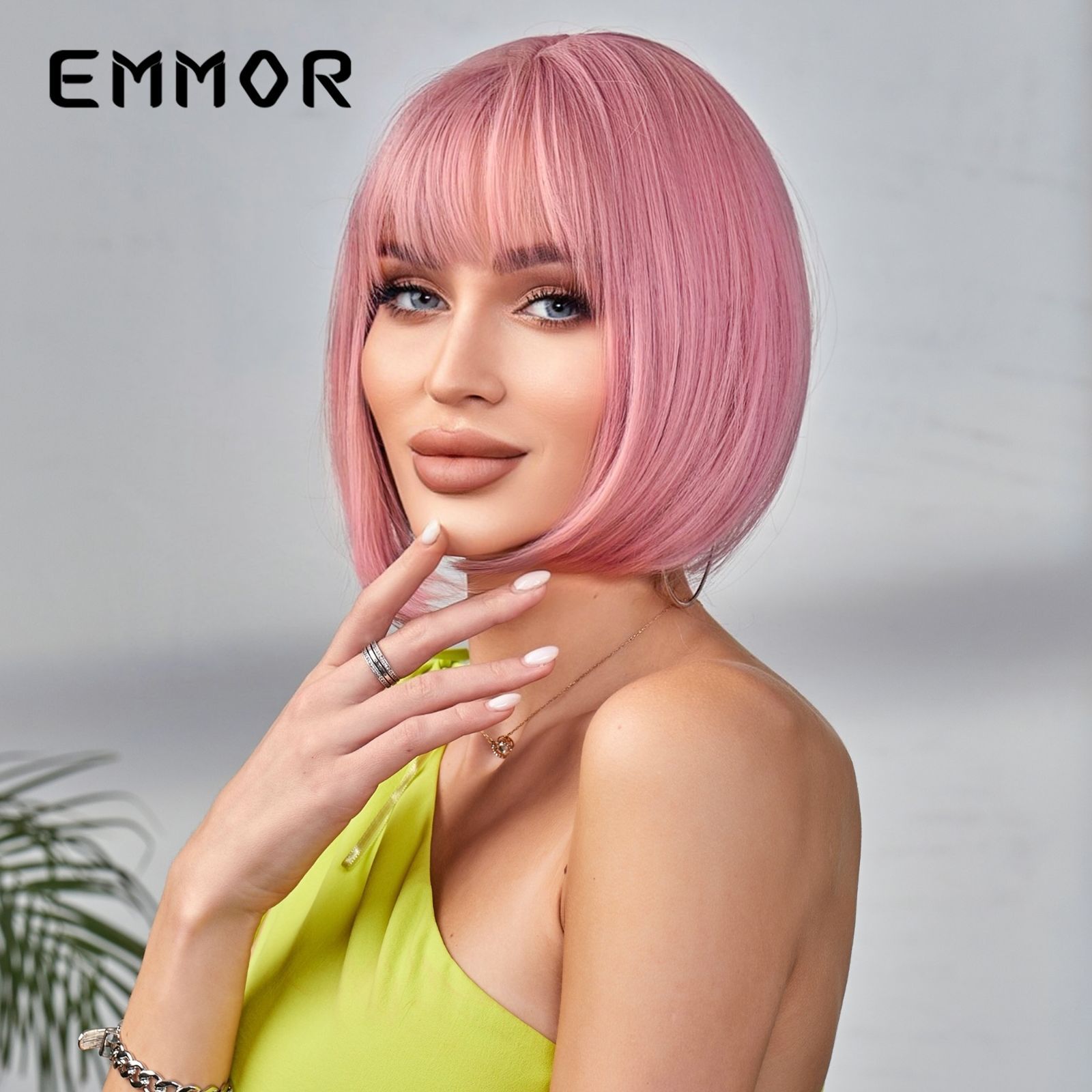 EMMOR Amazon venta caliente cabello corto rosa Qi flequillo BOBO cabello liso peluca de seda de alta temperatura mate europea y americana