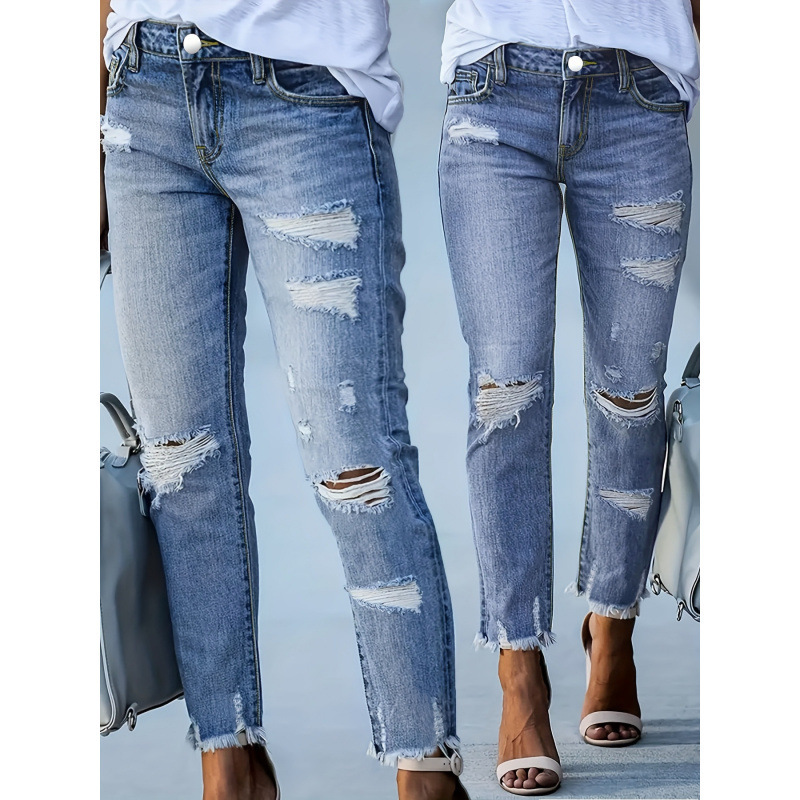 2026 Cross-Border New European and American Large Size Blue Distressed Washed Jeans with Multiple Holes
