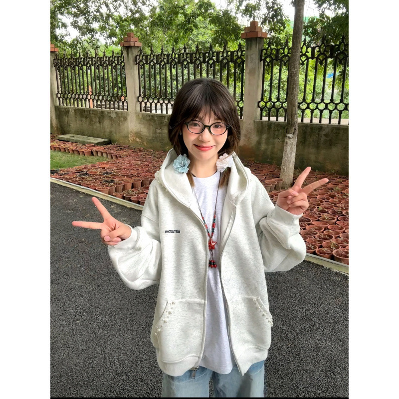 美式复古珍珠钉珠连帽卫衣女外套春秋薄款情侣装潮牌高街学生上衣|undefined