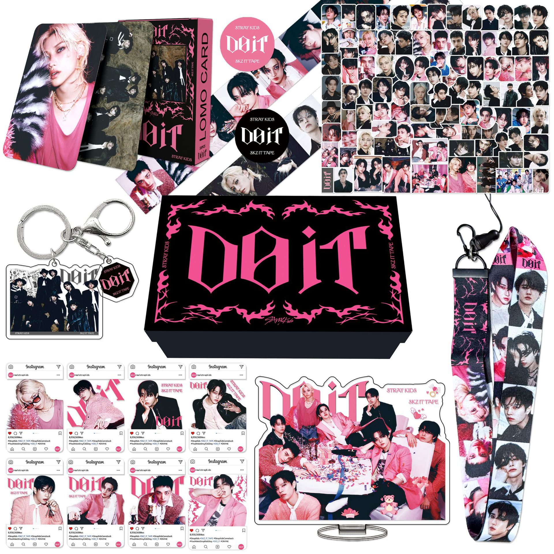Set de tarjetas adhesivas y llavero de StrayKids, mercancía de dibujos animados de Hwang Hyunjin, cordón para el cuello