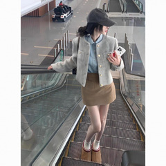 香港スタイルの新しいスタイルの女性用ウールジャケット、レトロブルーデニム長袖シャツ、ハイウエストコーデュロイスカートのセット