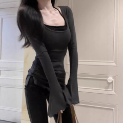 纯欲辣妹方领长袖t恤女春季2025新款黑色内搭打底衫紧身收腰上衣1