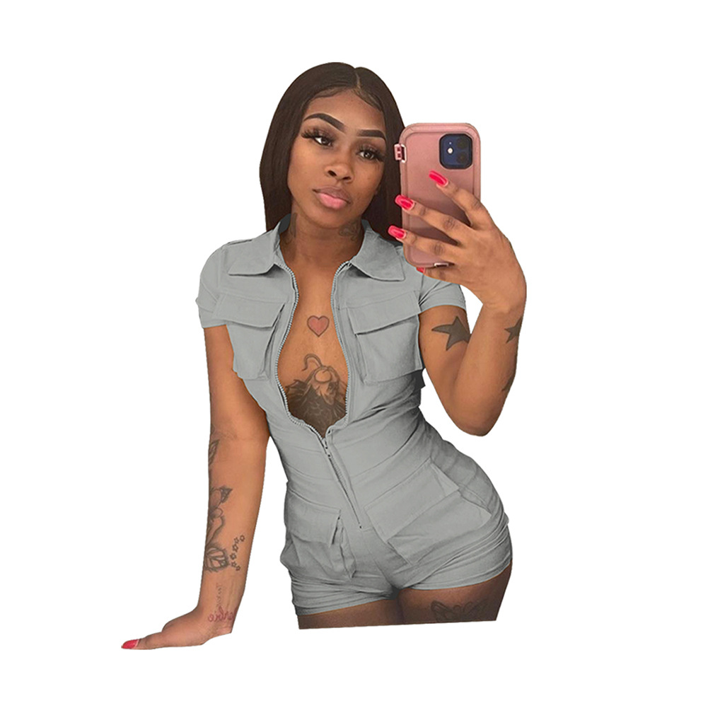summer new zipper pocket solid color workwear jumpsuit_voghion.com