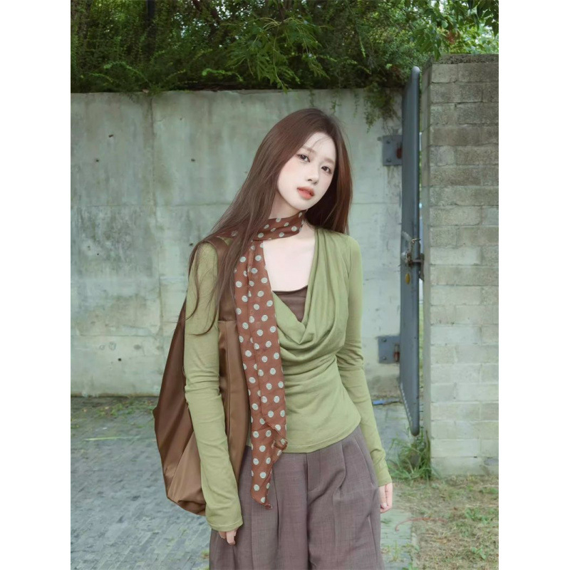 美式复古假两件撞色针织长袖T恤女秋新款老钱风修身荡领气质上衣|undefined