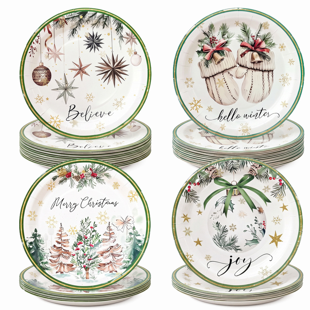 Watercolor Light Luxury Christmas Disposable Paper Plates 4 Pattern Mix with Gold Edge Holiday Party Dinnerware Dessert Plates
