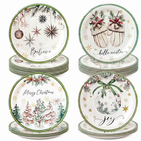 Watercolor Light Luxury Christmas Disposable Paper Plates 4 Pattern Mix with Gold Edge Holiday Party Dinnerware Dessert Plates