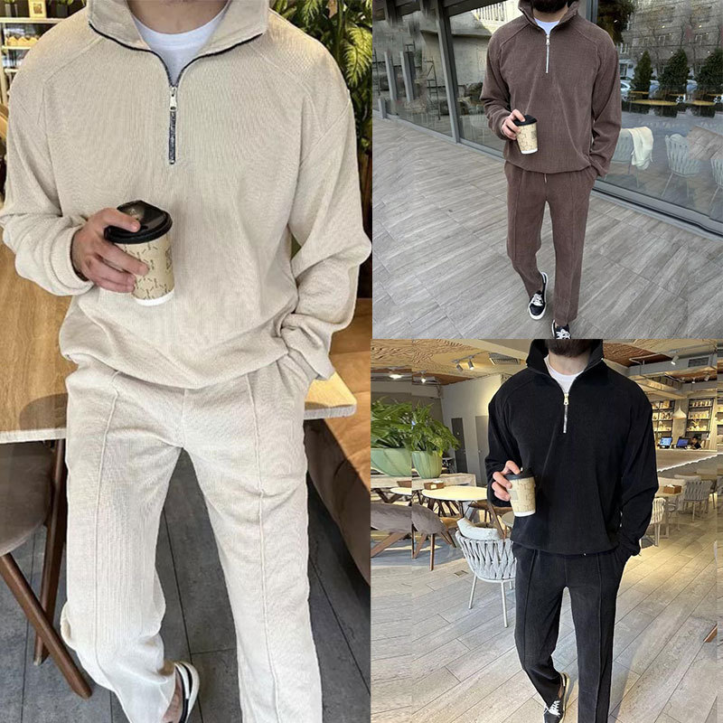 New Stand-Up Collar Half-Zip Trendy Velvet Corduroy Suit Amazon European and American Casual Men's New Sweatshirt Suit New Stand-Up Collar Half-Zip Trendy Velvet Corduroy Suit Amazon European and American Casual Men's New Sweatshirt Suit