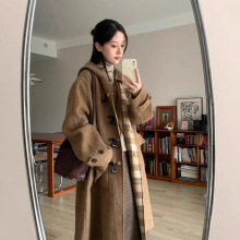 复古学院秋冬格子双面羊毛大衣女高级感牛角扣宽松连帽毛呢外套女