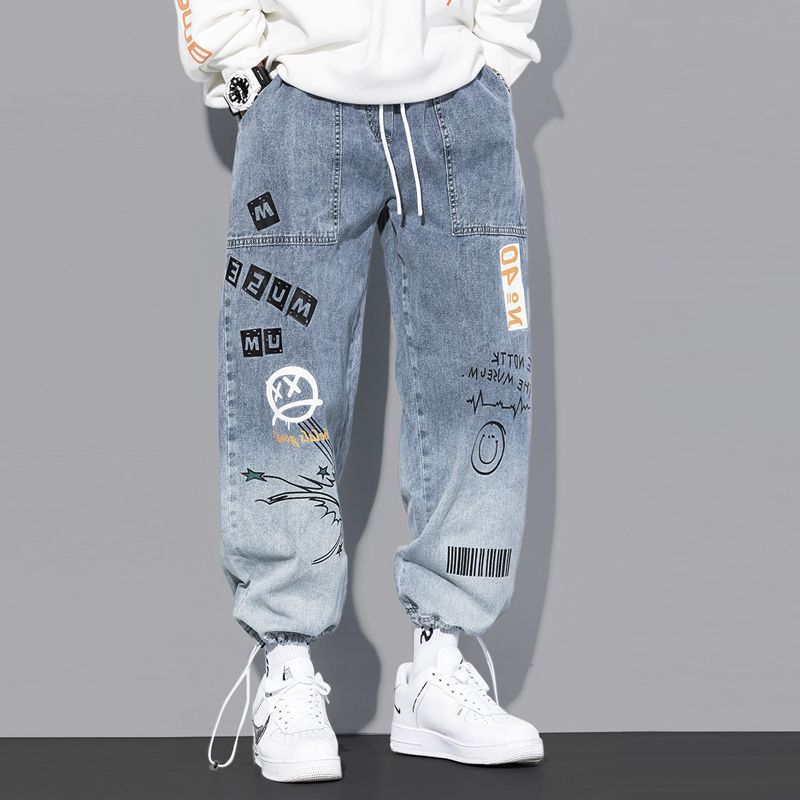 Jeans marca de moda para hombres rap hip hop Pantalones rectos de pierna ancha graffiti dibujos animados gradiente de moda suelta pantalones harén atados al tobillo