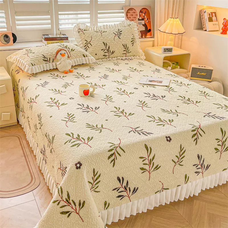 加厚小清新牛奶绒花边款单床盖单床单床盖三件套批发外贸一件代发