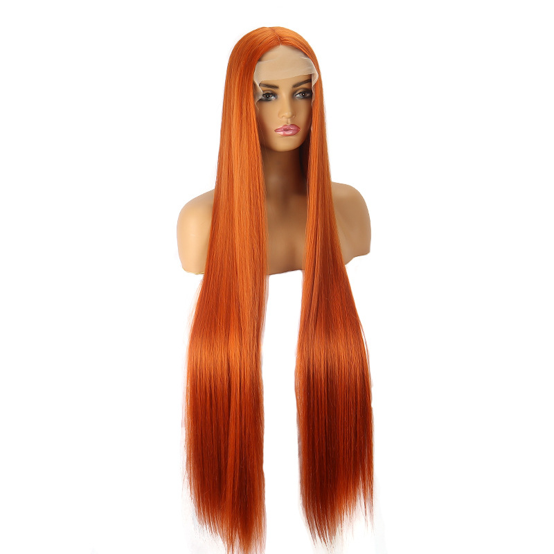 Cross-border Wig European and American Women's Dirty Orange Extended Middle Straight Hair Chemical Fiber Head Cover Front Lace T-shaped Foreign Trade Wig