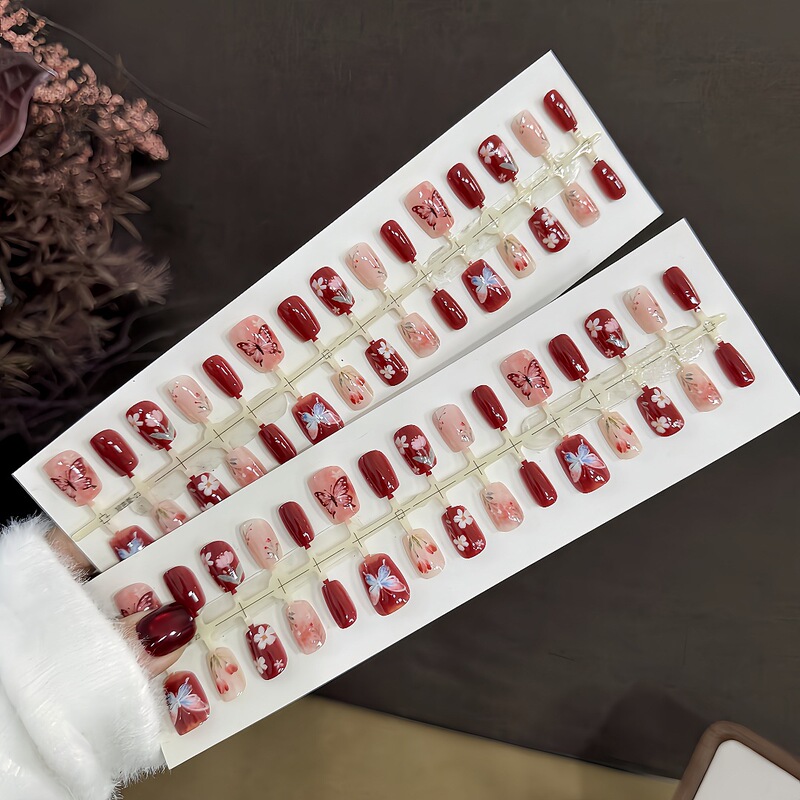 S452-Pre-Made Nails with New Chinese-Style Floral Designs, Butterfly and Tulip Motifs, Oriental Aesthetics, Detachable Nail Pieces S452-Pre-Made Nails with New Chinese-Style Floral Designs, Butterfly and Tulip Motifs, Oriental Aesthetics, Detachable Nail Pieces