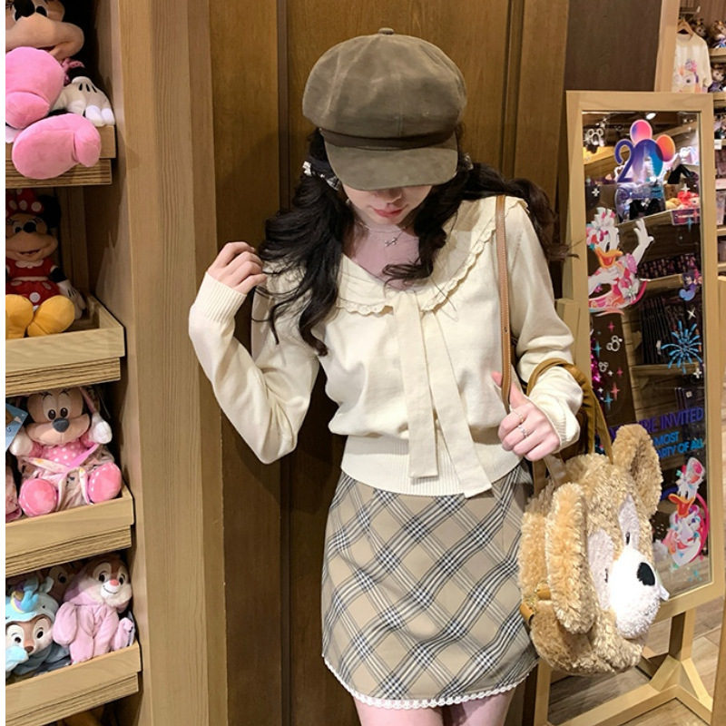 [Core-Spun Yarn] Lace Navy Collar Strap Sweater Women's Autumn New Korean Style Girls Slim Long-Sleeved Top