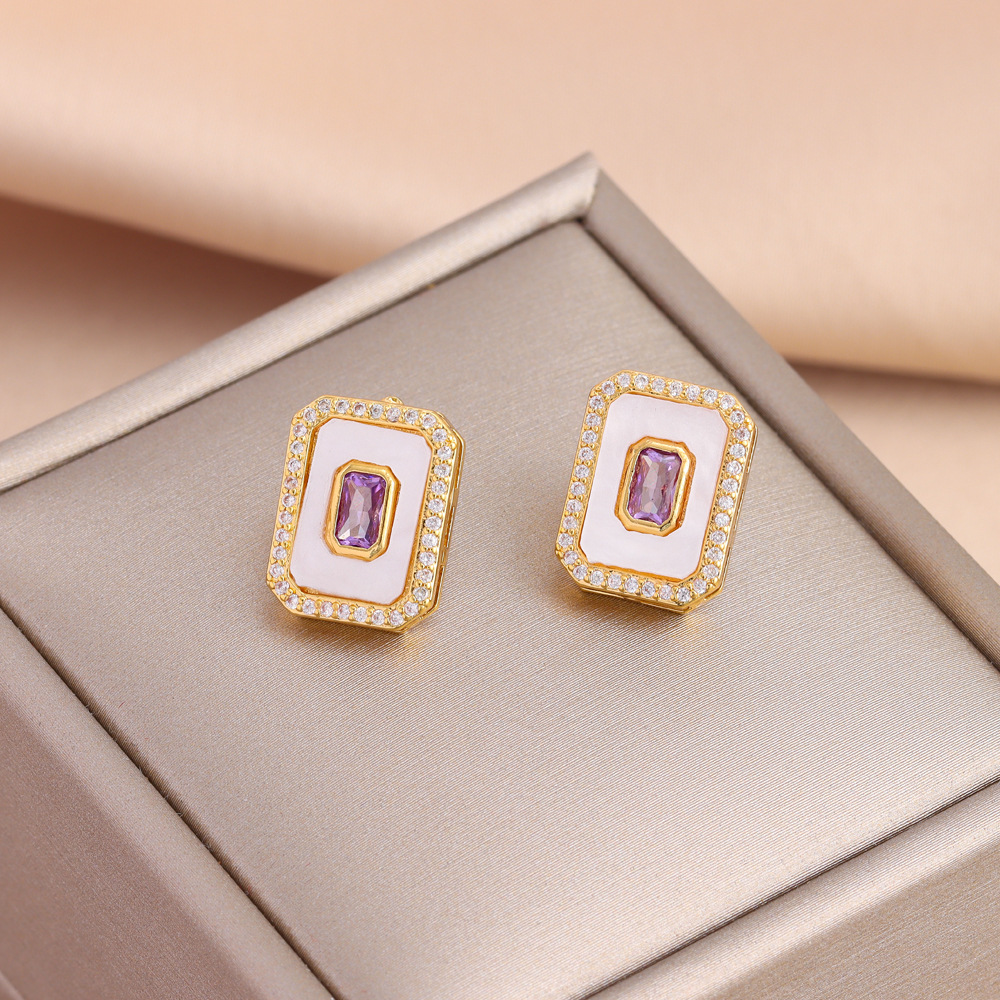 Fashionable retro purple geometric square stone inlay with zircon