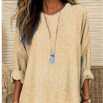 Women's Clothing Women's Casual Striped Long Sleeve Top Round Neck Loose Fit Spring Summer Fashion Style Shirt_ecoleips.com