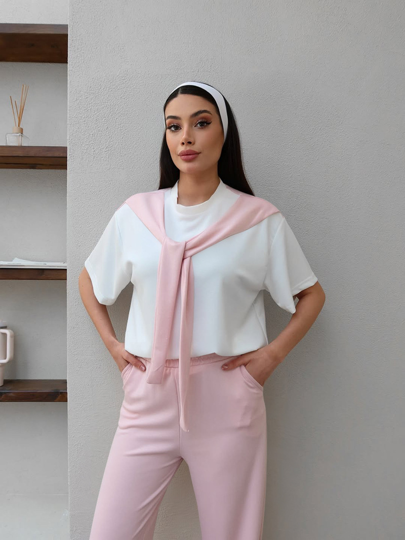 Women's Clothing Women's Faux Wrap Short Sleeve Top And Straight Leg Pants Set Patchwork White Round Neck Summer Fashion Casual Outfit_ecoleips.com