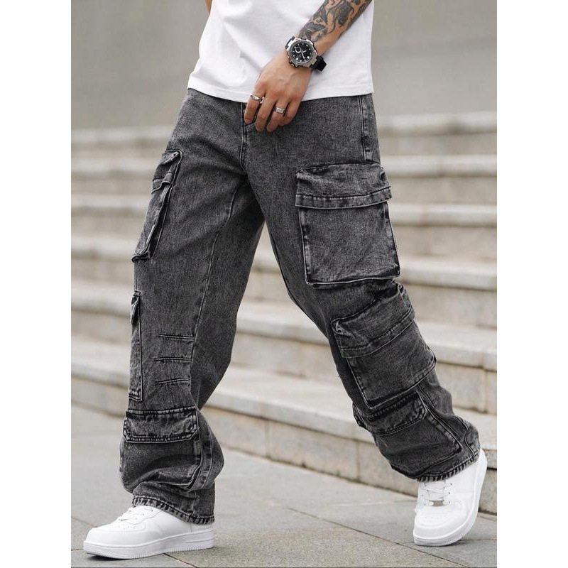 跨境Men's Street Style Washed Wide Leg Cargo Jeans Loose Fit|undefined